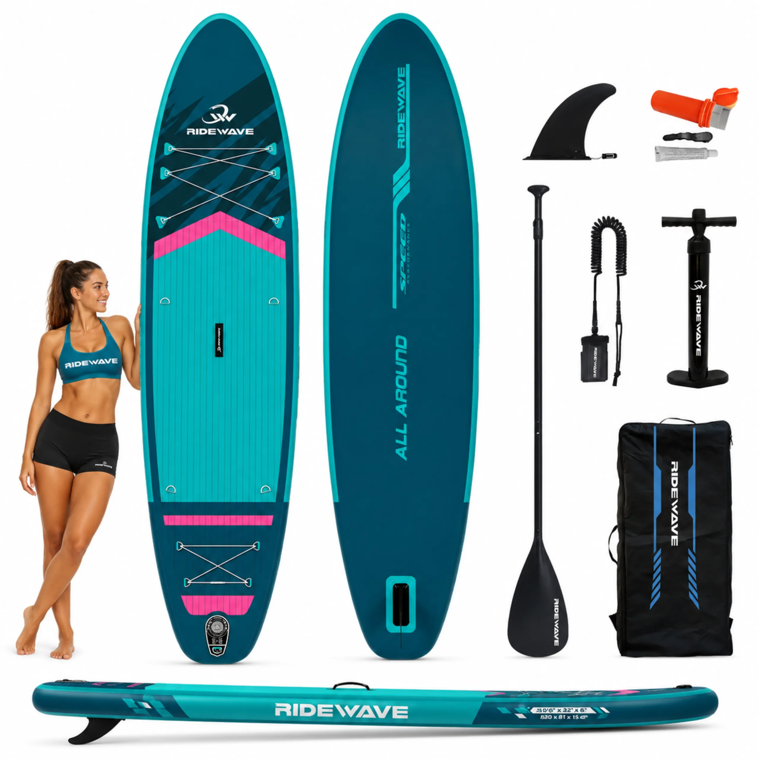 Deska SUP RIDEWAVE ALL AROUND 320 (10'6), uniwersalne, ciemnoturkusowy / różowy